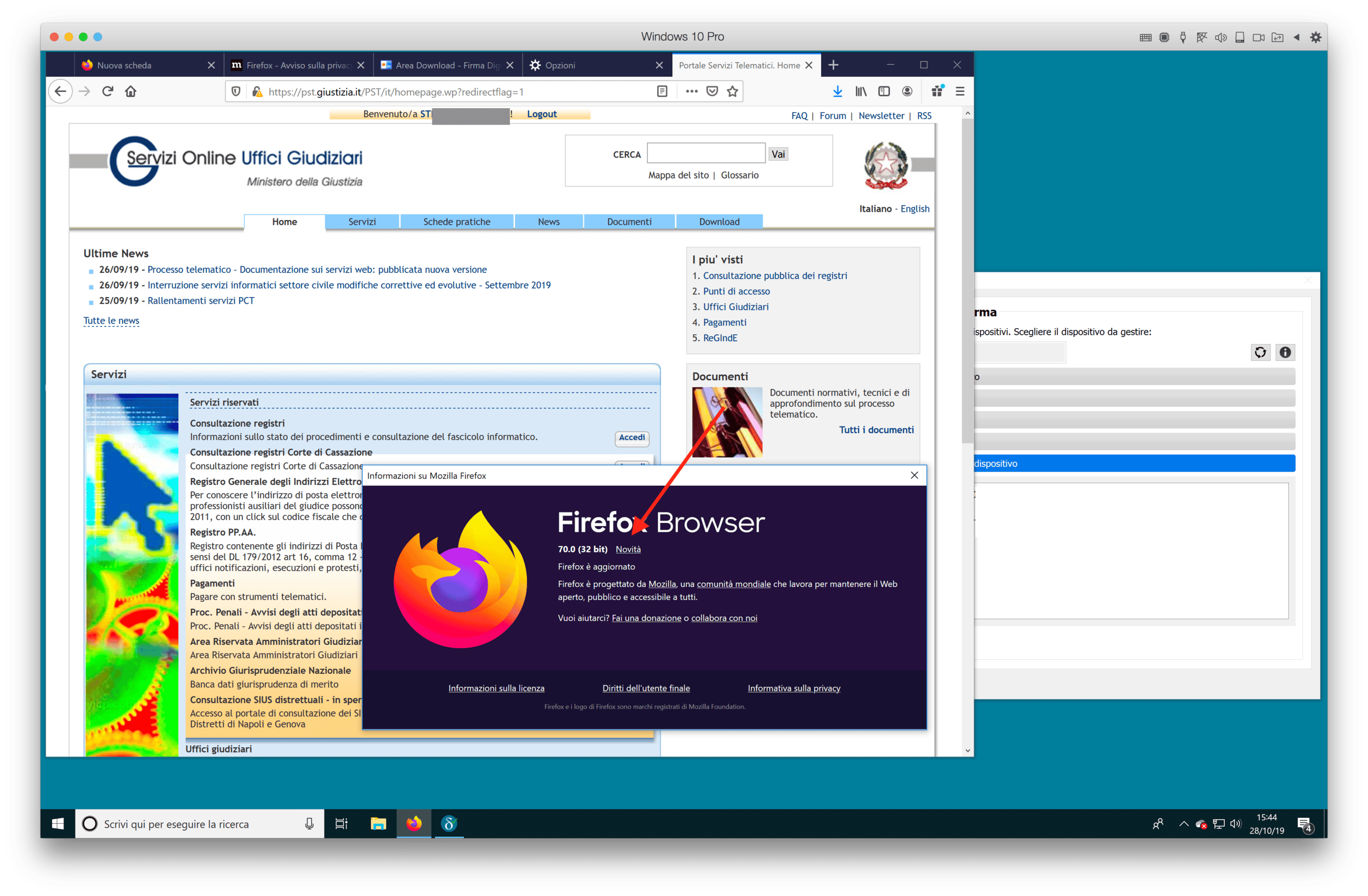 Log-in senza problemi sul pst.giustizia.it con Smart-card Firefox 70 a 32bit e Dike Go Sign