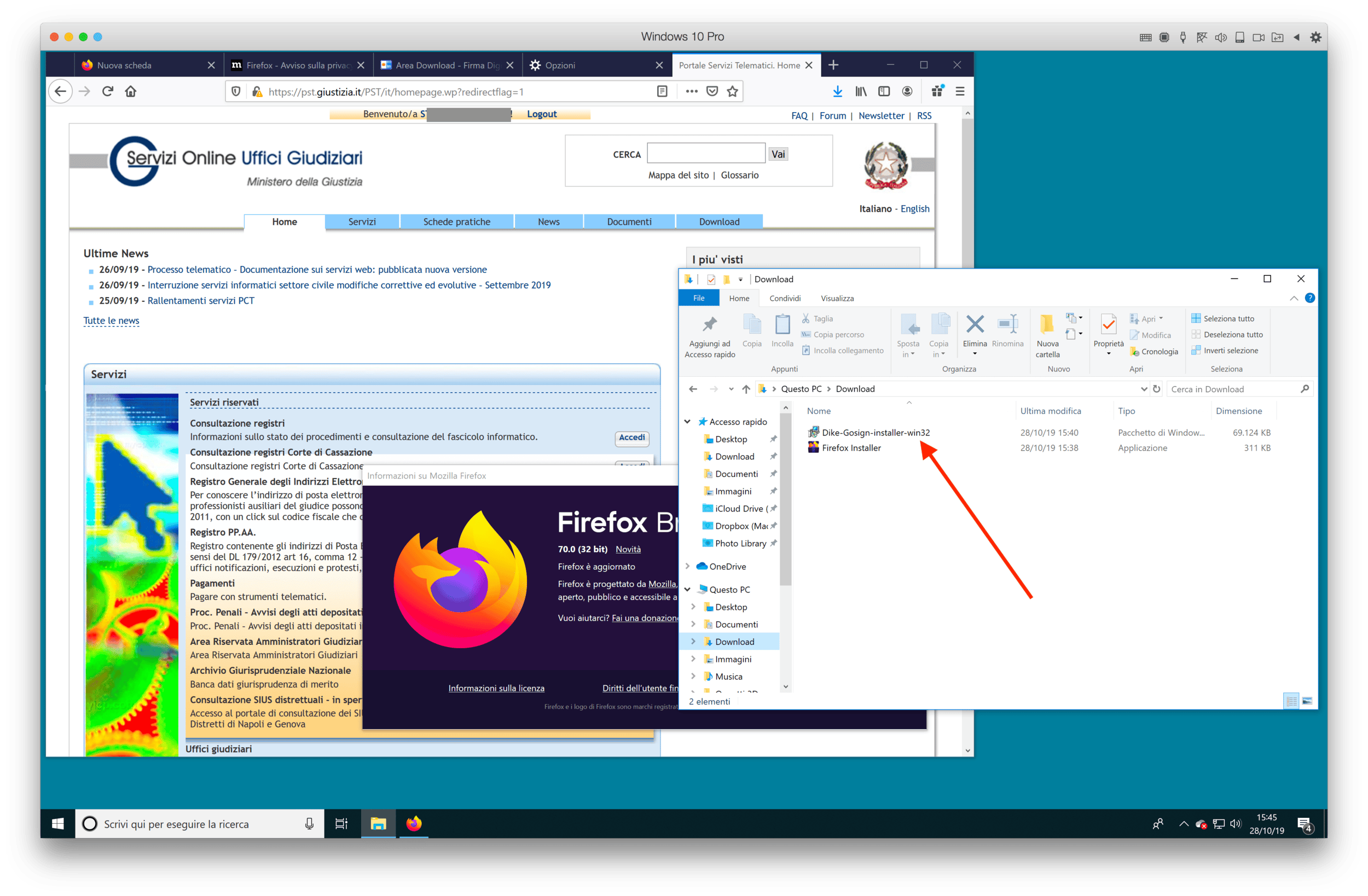 Immagine dell’installer caricato a 32bit
