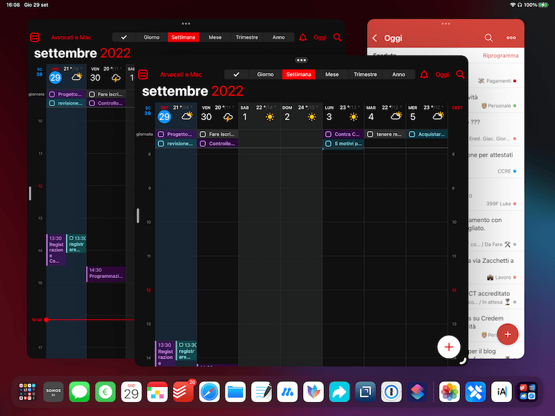 Esempio di 2 finestre di Fantastical e l’unica finestra di Todoist che non supporta le finestre multiple