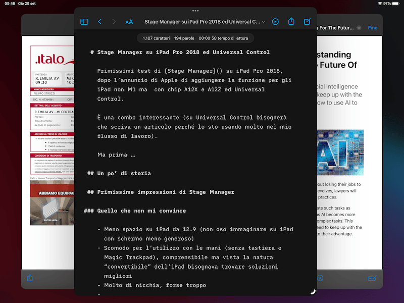 Esempio di scrittura dell’articolo in iAWrite (ho scritto tutto nel mio amato Vim a dir il vero!) e 2 PDF in sottofondo