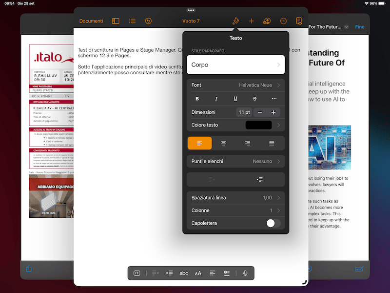 Esempio di menù in Pages per la formattazione del testo