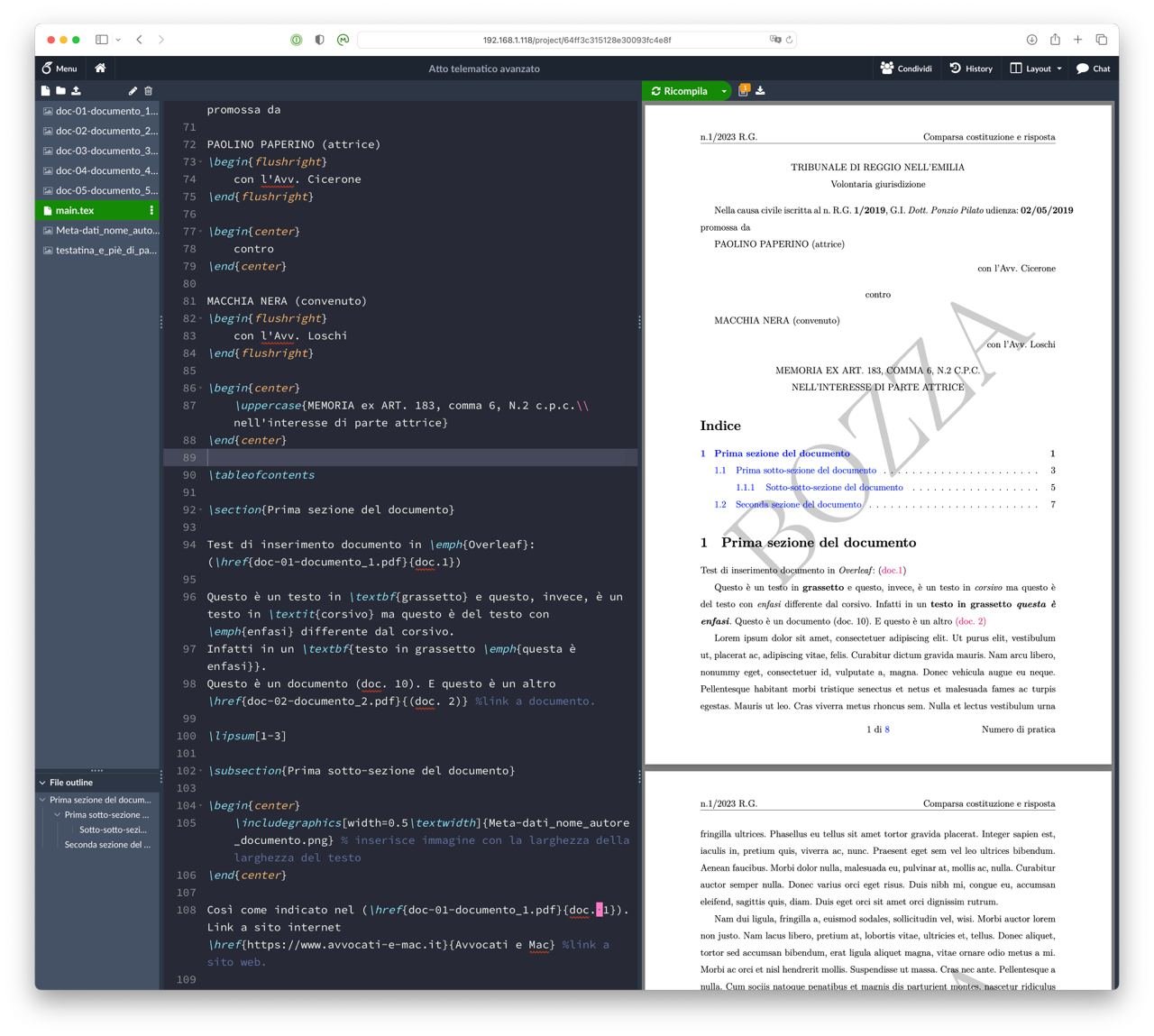 Esempio, in Safari, di atto telematico avanzato in Overleaf