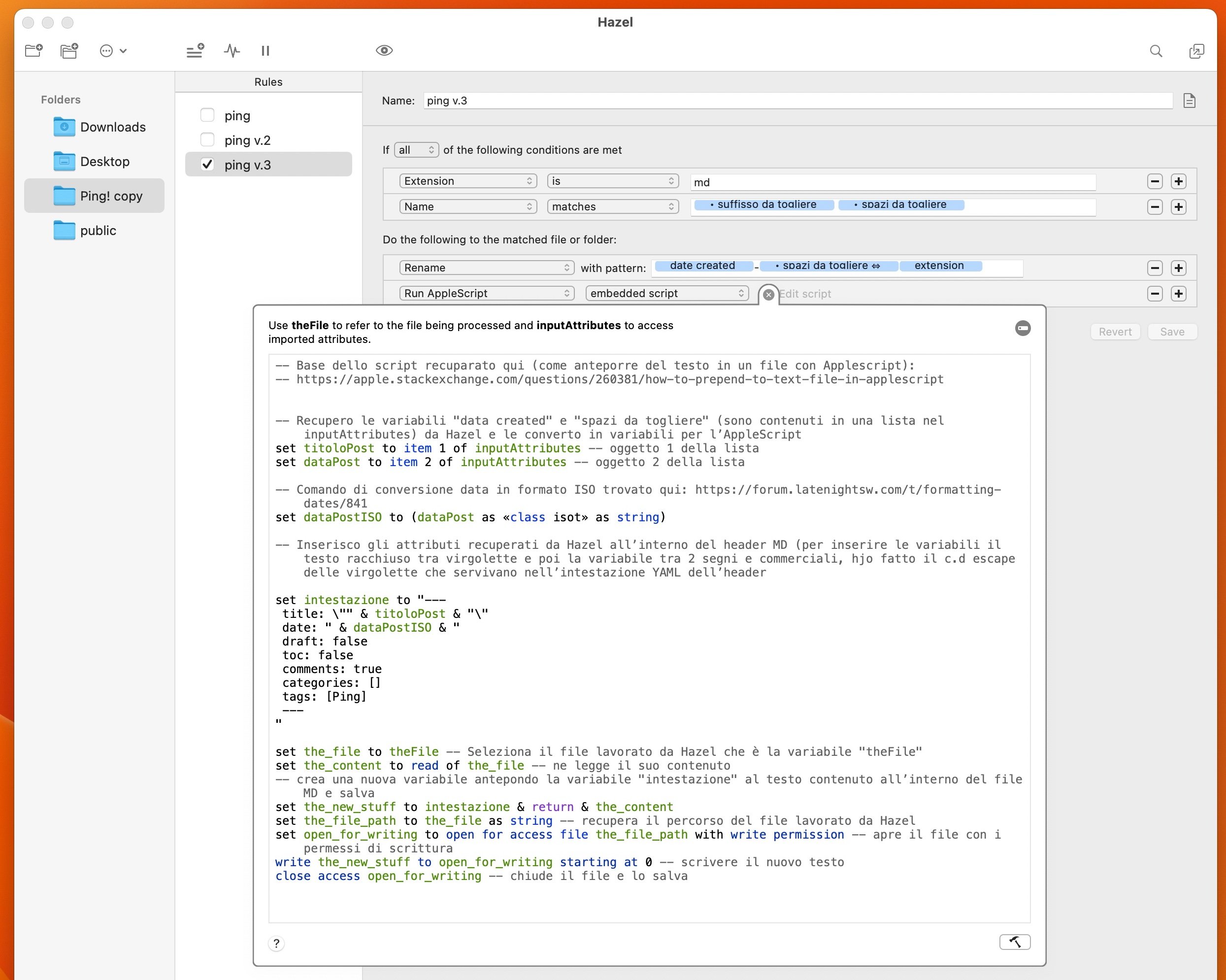 Nell’immagine si vede l’AppleScript utilizzato da Hazel per manipolare il contenuto dei file di testo