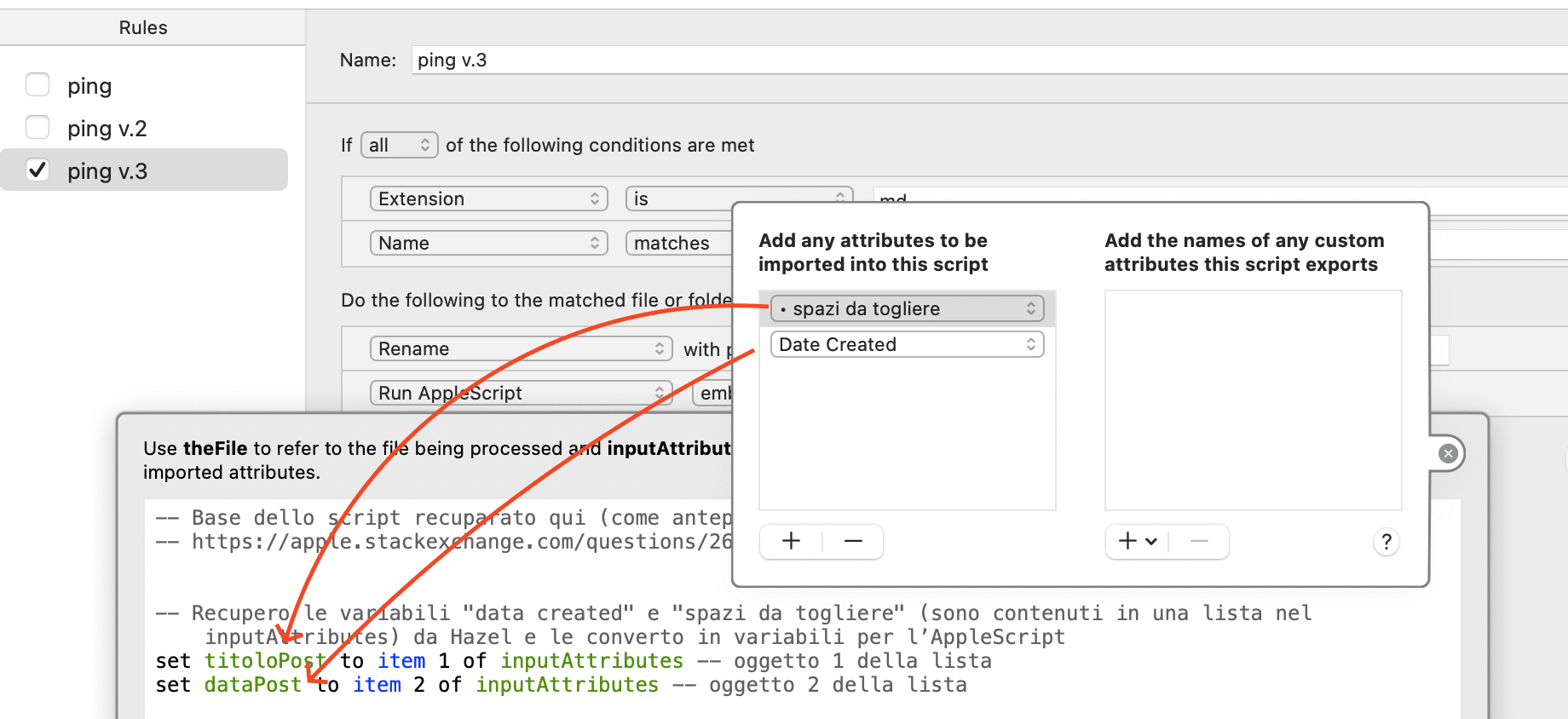 Esempio di passaggio all’AppleScript degli attributi catturati da Hazel
