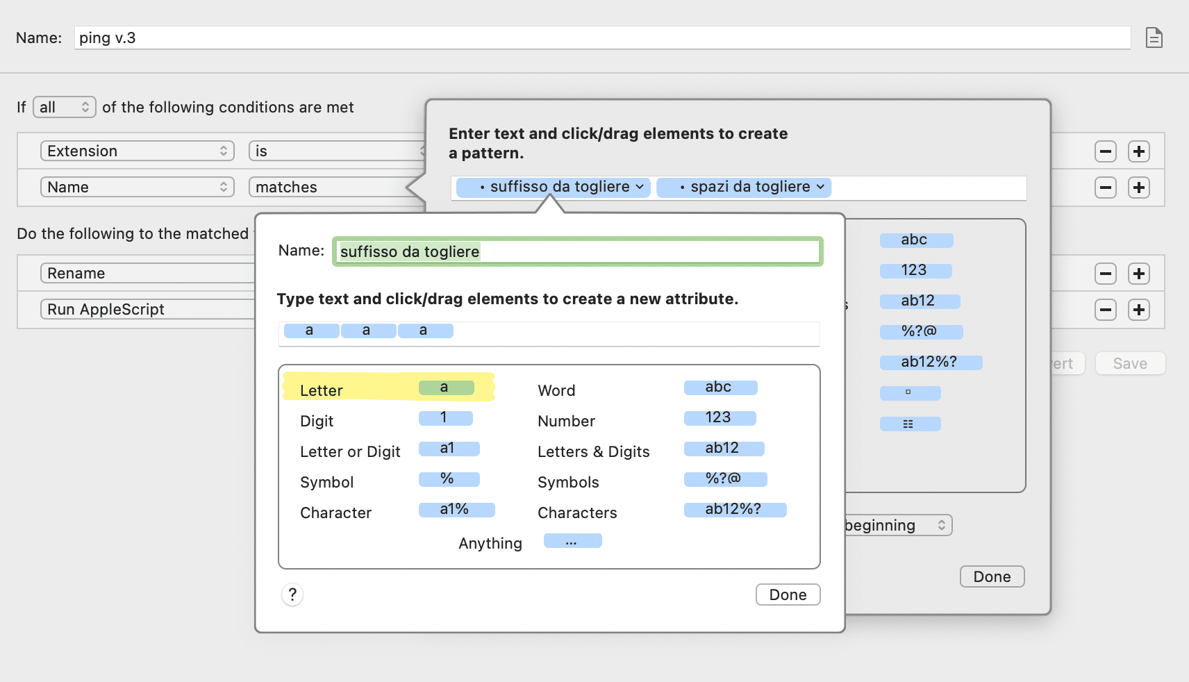 Esempio dei regex in Hazel con il parametro matches