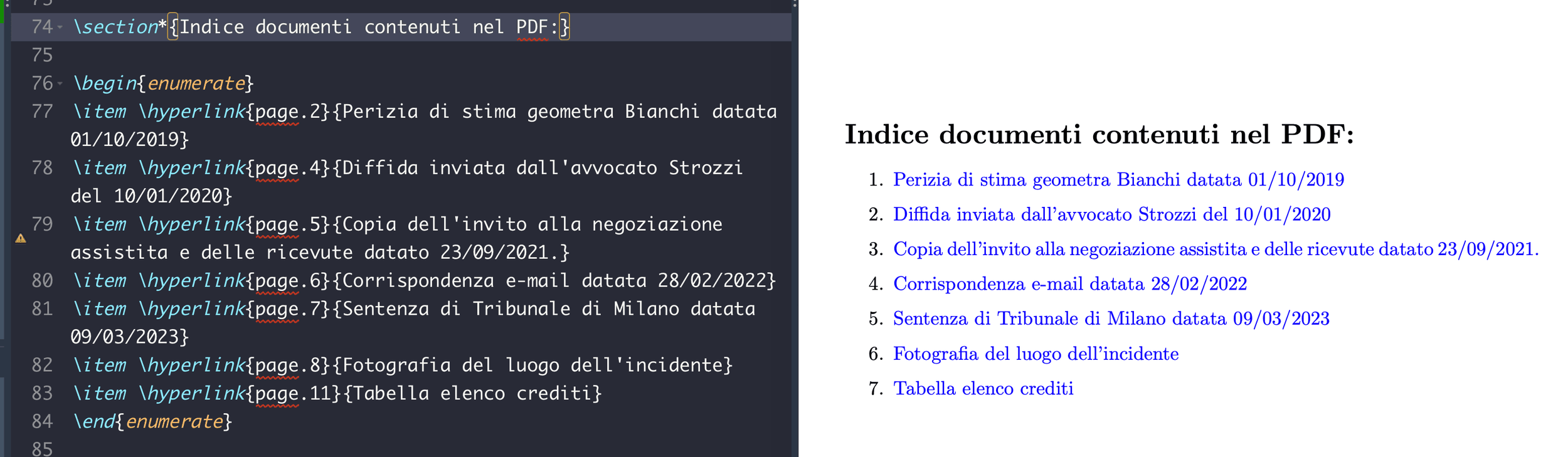 Esempio di link alle pagine del documento