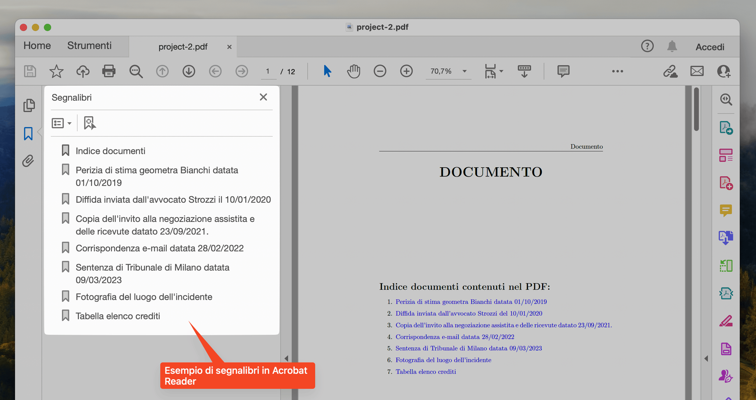 Esempio di segnalibri in Acrobat Reader