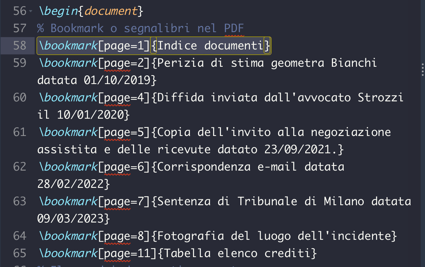 Esempio di creazione segnalibri in LaTeX ed Overleaf
