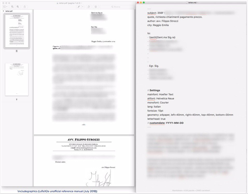  Esempio (a sinistra) di lettera in PDF con carta intestata generato da modello LaTeX ed a sinistra il documento in Markdown 